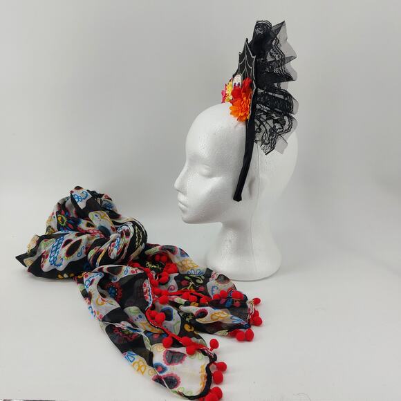 Day of the Dead Sugar Skull Head Band Dia De Los Muertos Scarf Cosplay - Picture 5 of 8